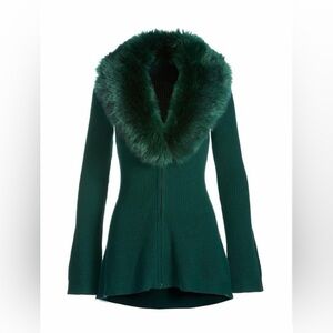 Boston Proper Emerald Green Ribbed Zip-Up Sweater Jacket with Faux Fur Collar